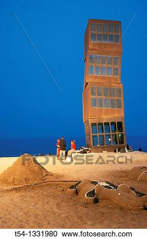 Grafica Spiaggia Scultura Disegnato Vicino Rebecca Corno San Sebastia Spiaggia Barceloneta Barcellona Catalogna Spagna Europa Archivio