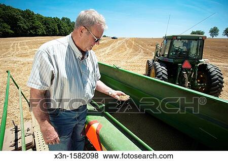Stock Photo - Grain producer standing on platform of grain drill Montgomery County Maryland USA. Fotosearch