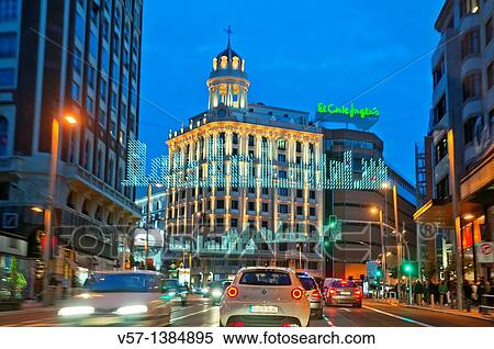 Stock Photography - Gran V? a street, night view. Madrid, Spain.. Fotosearch