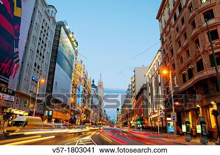 Gran Via, night view. Madrid, Spain. View Large Photo Image Stock Image - Gran Via, night view. Madrid, Spain.. Fotosearch