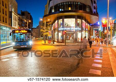 Gran Via street, night view. Madrid, Spain. View Large Photo Image Stock Image - Gran Via street, night view. Madrid, Spain.. Fotosearch