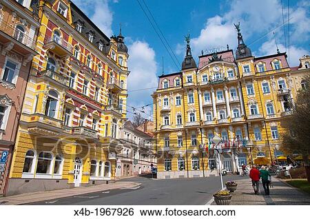 Stock Photograph - Grand Hotel Pacific at the end of Hlavni trida street central Marianske Lazne aka Marienbad sCzech Republic Europe.. Fotosearch