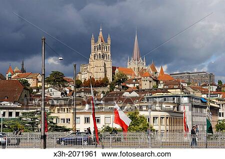 Stock Image - Grand-Pont with the Cathedral in background, Le Flon district, Lausanne, Canton of Vaud, Switzerland, Europe. Fotosearch