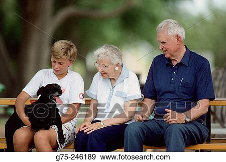 Grandparents with boy and dog View Large Photo Image Stock Photo - Grandparents with boy and dog. Fotosearch