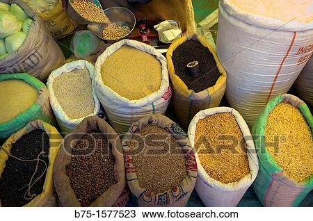 Stock Image - Grano, spices, rice, Market Karnataka, India, Asia. Fotosearch
