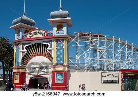 Great Scenic Railway atop Luna Park at St Kilda, Victoria, Australia. View Large Photo Image Stock Photo - Great Scenic Railway atop Luna Park at St Kilda, Victoria, Australia.. Fotosearch
