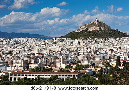 Greece, Central Greece Region, Athens, elevated city view, Ancient Agora, Stoa of Attalos, and Lycabbettus Hill from Pnyx Hill. View Large Photo Image Stock Photo - Greece, Central Greece Region, Athens, elevated city view, Ancient Agora, Stoa of Attalos, and Lycabbettus Hill from Pnyx Hill.. Fotosearch