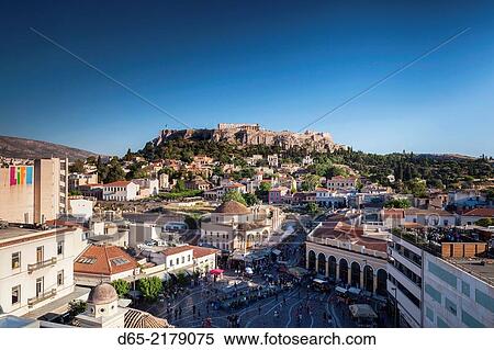 Greece, Central Greece Region, Athens, elevated view of Monastiraki Square and Acropolis, late afternoon. View Large Photo Image Stock Photography - Greece, Central Greece Region, Athens, elevated view of Monastiraki Square and Acropolis, late afternoon.. Fotosearch