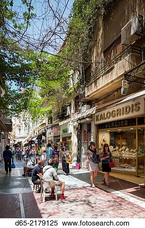 Greece, Central Greece Region, Athens, Monastiriaki Area, Pandrosou pedestrian shopping street. View Large Photo Image Stock Photography - Greece, Central Greece Region, Athens, Monastiriaki Area, Pandrosou pedestrian shopping street.. Fotosearch
