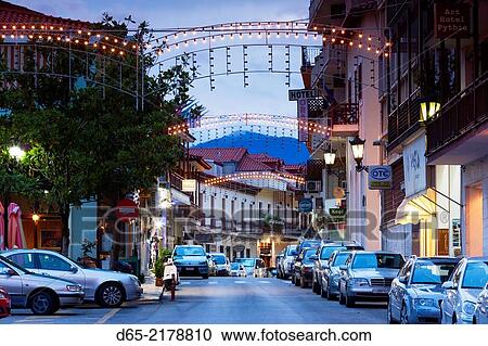 Greece, Central Greece Region, Delphi, town main street, dusk. View Large Photo Image Stock Image - Greece, Central Greece Region, Delphi, town main street, dusk.. Fotosearch