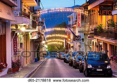 Greece, Central Greece Region, Delphi, town main street, dawn. View Large Photo Image Stock Photo - Greece, Central Greece Region, Delphi, town main street, dawn.. Fotosearch