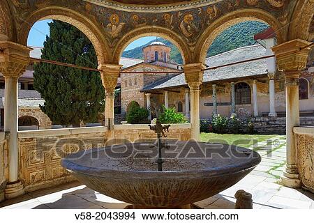 Greece, Chalkidiki, Mount Athos peninsula, World Heritage Site, Great Lavra (Megistis Lavras) monastery, The Phiale or fountain (16th-17th C). View Large Photo Image Picture - Greece, Chalkidiki, Mount Athos peninsula, World Heritage Site, Great Lavra (Megistis Lavras) monastery, The Phiale or fountain (16th-17th C).. Fotosearch