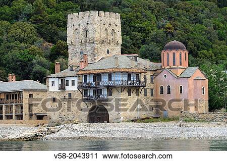 Greece, Chalkidiki, Mount Athos peninsula, listed as World Heritage, The Arsana (port) of Zographou monastery. View Large Photo Image Stock Image - Greece, Chalkidiki, Mount Athos peninsula, listed as World Heritage, The Arsana (port) of Zographou monastery.. Fotosearch