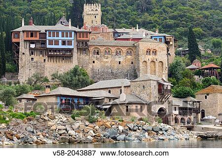 Stock Photo - Greece, Chalkidiki, Mount Athos peninsula, listed as World Heritage, Dochiariou monastery, The Arsana (port).. Fotosearch