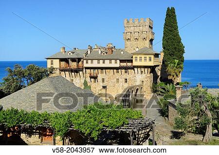 Stock Photo - Greece, Chalkidiki, Mount Athos peninsula, listed as World Heritage, Stavronikita monastery.. Fotosearch