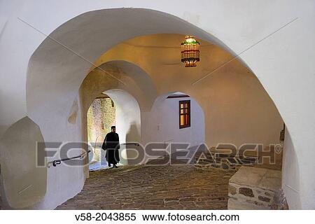 Stock Photography - Greece, Chalkidiki, Mount Athos peninsula, listed as World Heritage, Simonos Petra monastery, Mediaeval vaulted passageway.. Fotosearch