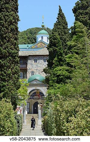 Greece, Chalkidiki, Mount Athos peninsula, listed as World Heritage, Russian monastery of St Panteleimon, also called Rossikon. View Large Photo Image Stock Photography - Greece, Chalkidiki, Mount Athos peninsula, listed as World Heritage, Russian monastery of St Panteleimon, also called Rossikon.. Fotosearch