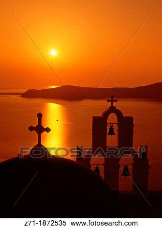 Greece, Cyclades, Santorini, Thira, church, sunset, View Large Photo Image Stock Photography - Greece, Cyclades, Santorini, Thira, church, sunset,. Fotosearch