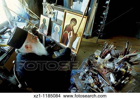 Picture - Greece, Cyprus Island, greek part, Ayia Varvara, monk icon painter. Fotosearch