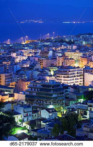 Greece, Peloponese Region, Patra, elevated city view, dawn. View Large Photo Image Stock Photo - Greece, Peloponese Region, Patra, elevated city view, dawn.. Fotosearch