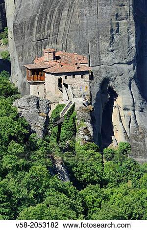 Stock Image - Greece, Thessaly, Meteora, World Heritage Site, Roussanou (Agia Barbara) nunnery.. Fotosearch