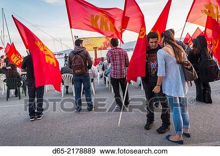 Greece, Thessaly Region, Pelion Peninsula, Volos, waterfront rally by the Greek Communist Party. View Large Photo Image Stock Photo - Greece, Thessaly Region, Pelion Peninsula, Volos, waterfront rally by the Greek Communist Party.. Fotosearch