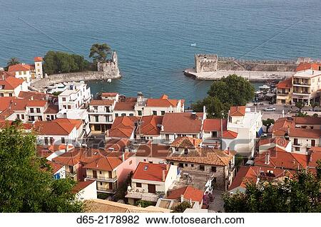 Greece, West Greece Region, Nafpaktos, elevated view of the inner harbor. View Large Photo Image Stock Image - Greece, West Greece Region, Nafpaktos, elevated view of the inner harbor.. Fotosearch