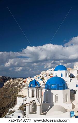 Stock Photo - Greek Othodox Church with bell tower, Oia, Santorini, Greece. Fotosearch