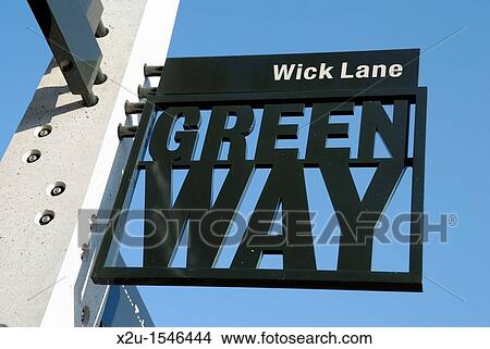 Picture - Greenway footpath and cycleway sign, Hackney Wick, London, England. Fotosearch