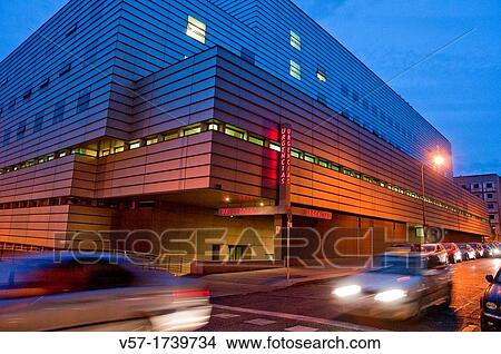 Picture - Gregorio Maraon Maternity Hospital, night view Madrid, Spain. Fotosearch
