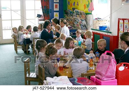 Group of 2-4 year old children sitting in the classroom at nursery, eating lunch View Large Photo Image Picture - Group of 2-4 year old children sitting in the classroom at nursery, eating lunch. Fotosearch