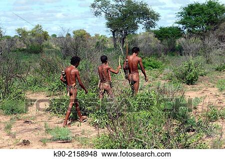 Stock Photo - Group of Ju/? hoansi San men on a hunting trip in the African savannah, Namibia, Africa.. Fotosearch