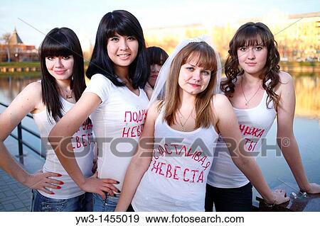 Stock Photo - Group of women outdoors. Bachelorette party. Russia.. Fotosearch