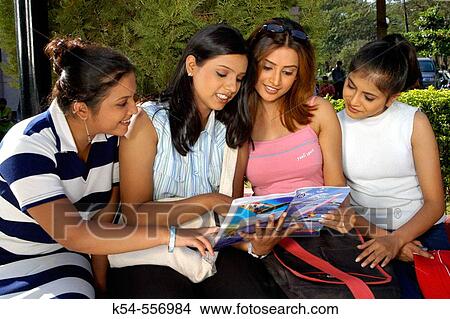 Picture - Group of young college going girls in campus.. Fotosearch