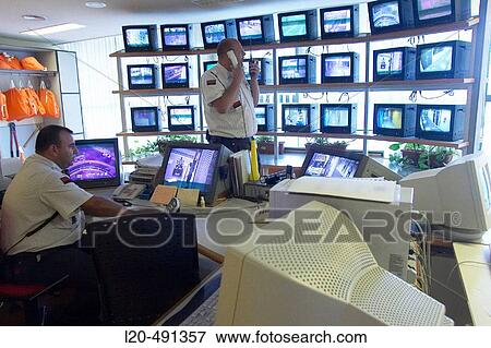 Stock Photo - Guards, monitors, security centre. Hospital Universitario Gran Canaria Doctor Negrin, Las Palmas de Gran Canaria. Canary Islands, Spain. Fotosearch