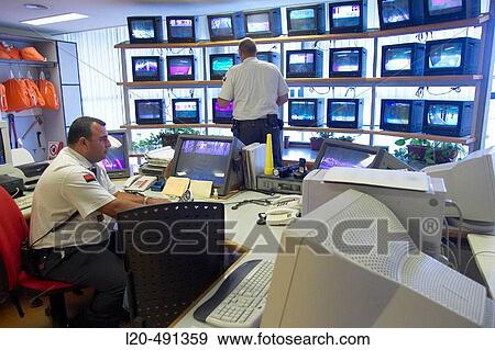 Stock Photo - Guards, monitors, security centre. Hospital Universitario Gran Canaria Doctor Negrin, Las Palmas de Gran Canaria. Canary Islands, Spain. Fotosearch