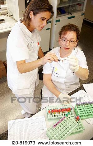 Stock Image - Haematology, blood sample. Hospital Universitario de Gran Canaria Doctor Negrin, Las Palmas de Gran Canaria. Canary Islands, Spain. Fotosearch