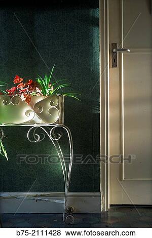 Hall of a house with a door and a flower pots illuminated by the Sun from a window. View Large Photo Image Stock Photo - Hall of a house with a door and a flower pots illuminated by the Sun from a window.. Fotosearch