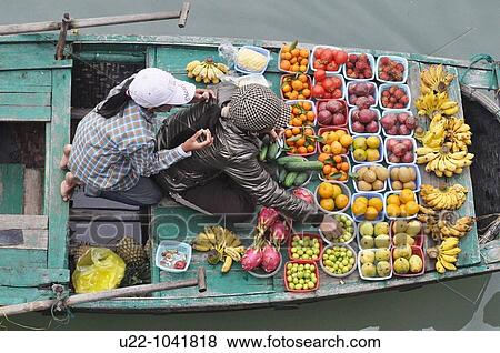 Halong Bay (Vietnam): women selling fruit from a boat View Large Photo Image Stock Photo - Halong Bay (Vietnam): women selling fruit from a boat. Fotosearch