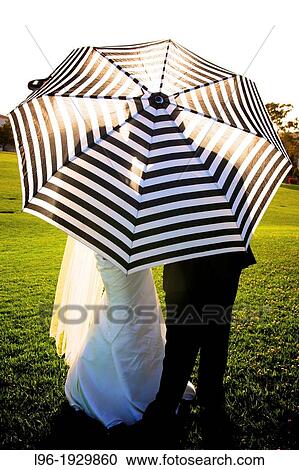 happy bride and groom kissing behind striped umbrella after wedding ceremony - showing silhouettes View Large Photo Image Stock Image - happy bride and groom kissing behind striped umbrella after wedding ceremony - showing silhouettes. Fotosearch