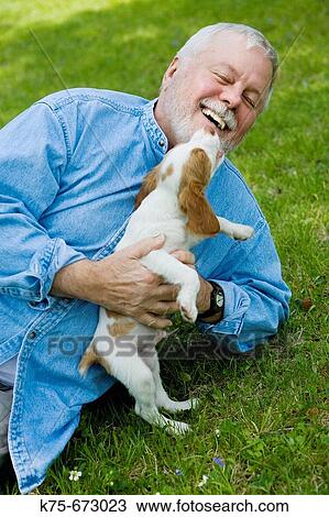 Happy senior with his new puppy View Large Photo Image Stock Image - Happy senior with his new puppy. Fotosearch