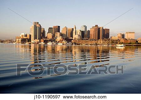 Harbor skyline at sunrise from East Boston, Massachusetts, USA View Large Photo Image Stock Photo - Harbor skyline at sunrise from East Boston, Massachusetts, USA. Fotosearch