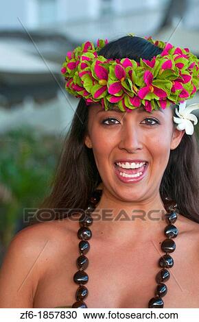 Hawaii, Oahu, Honolulu, Waikiki Beach, Hawaiian woman wearing headdress and beads View Large Photo Image Stock Image - Hawaii, Oahu, Honolulu, Waikiki Beach, Hawaiian woman wearing headdress and beads. Fotosearch