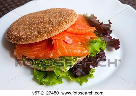 Healthy fast food: sandwich of smoked salmon with lettuce. View Large Photo Image Stock Image - Healthy fast food: sandwich of smoked salmon with lettuce.. Fotosearch