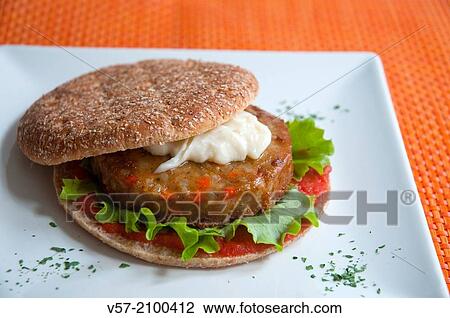 Healthy fast food: tofu hamburger. Close view. View Large Photo Image Stock Image - Healthy fast food: tofu hamburger. Close view.. Fotosearch