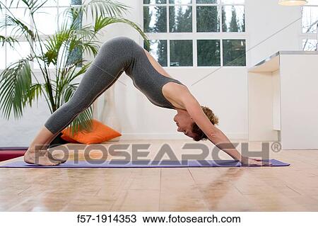 Stock Image - Healthy young woman doing the downward-facing dog yoga position. Fotosearch