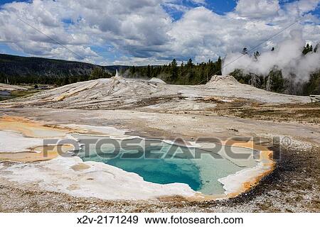 Heart Spring in Yellowstone's Upper Geyser Basin with the Lion Geyser Group erupting in the background. View Large Photo Image Stock Photo - Heart Spring in Yellowstone's Upper Geyser Basin with the Lion Geyser Group erupting in the background.. Fotosearch