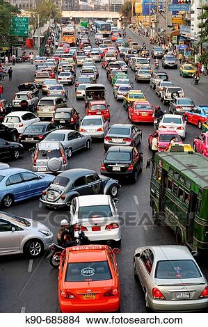 Picture - Heavy traffic jam on Rajadamri Rachadamri Road at World Trade Center, Bangkok, Thailand, Southeast Asia. Fotosearch