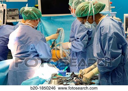Stock Photograph - Hiatal Hernia Surgery, Laparoscopy, General Emergency Surgery, Operating Theatre, Donostia Hospital, San Sebastian, Donostia, Gipuzkoa, Basque Country, Spain. Fotosearch