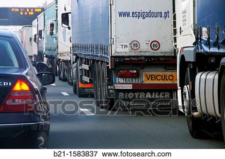 High lorries traffic on the A63, at the entrance to Spain, near Behobie, French Basque Country, Spain View Large Photo Image Stock Photo - High lorries traffic on the A63, at the entrance to Spain, near Behobie, French Basque Country, Spain. Fotosearch